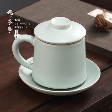 汝窯茶杯單杯辦公室泡茶杯馬克杯陶瓷水杯老板杯汝瓷可養過濾杯子