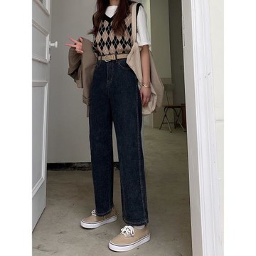 樂其衣百搭直筒梨形深黑色牛仔褲