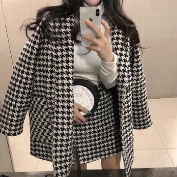 名媛套裝2024秋冬新款復古千鳥格翻領毛呢外套半身裙小香風兩件套