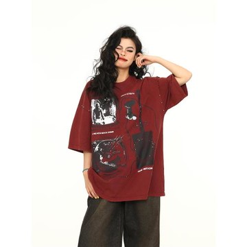 野生阿子美式街頭酒紅色復古短袖T恤男女寬松oversize情侶上衣潮