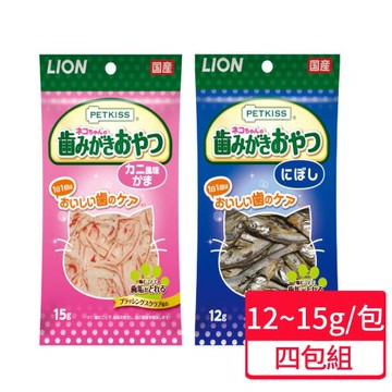 【LION 獅王】親親潔牙護理貓零食 小魚乾 蟹肉絲 四包組