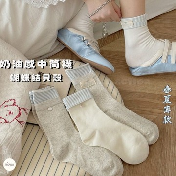 Waroom|現貨 S1132日系風布標夏季薄襪子｜中筒襪 棉襪 蝴蝶結貝殼配件 JK風 堆堆襪 踝襪 學生襪 小腿襪