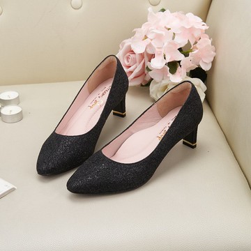 氣墊_絲線金蔥小方尖頭婚鞋高跟鞋 黑色