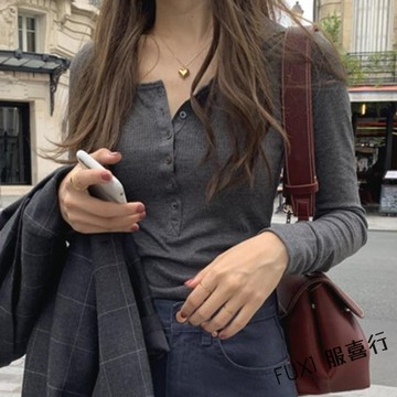 長袖t恤女 打底衫 薄款針織衫 半開領 小心機上衣 螺紋 素色內搭 修身小衫