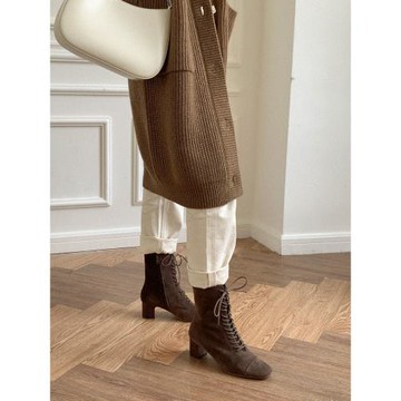 法式方頭粗跟短靴女2025新款真皮絨面復古系帶馬丁靴高跟瘦瘦靴子