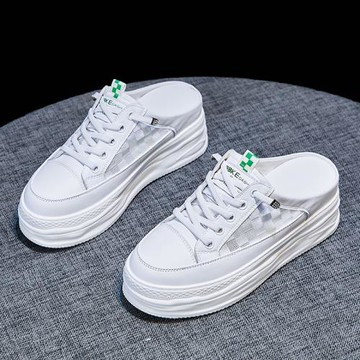 包頭半拖鞋女2023新款夏季外穿涼拖鞋真皮厚底涼鞋6CM內增高女鞋