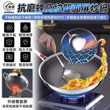 【匠藝家居】316不鏽鋼蜂窩紋炒鍋 不沾鍋 雙面蜂巢設計高效聚能 耐刮/耐熱/強磁 送鍋鏟 34cm炒鍋