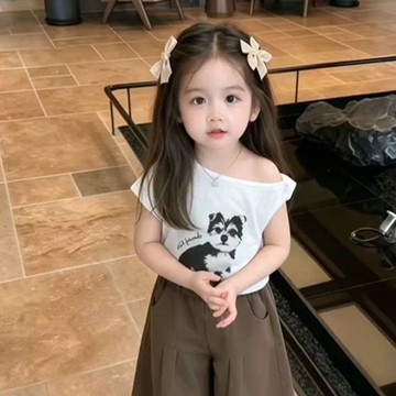 Mimo⭐兒童女童裝夏季韓系印花不規則斜肩短袖女寶寶上衣