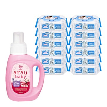 Baan 貝恩 保養柔濕巾80抽*12包+【SARAYA】愛樂寶 寶貝無添加洗衣液800ml