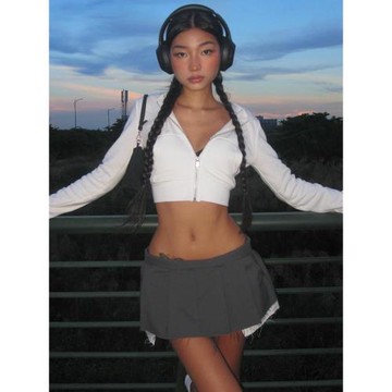 美式性感辣妹短款高腰連帽衛衣女裝春秋拉鏈開衫口袋連帽長袖上衣