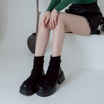 皮革拼麂皮後拉鍊厚底中筒靴 ND716024