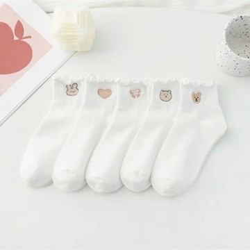 襪子女小熊兔子刺繡花邊ins潮白色船襪春夏季日系可愛卡通短筒襪