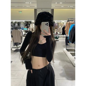 BerryMM 蜂腰比例！短款針織緊身長袖大U領純棉打底純欲上衣