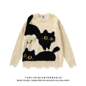 日系復古貓咪提花軟糯毛衣女款冬季寬松慵懶風情侶小眾破洞針織衫
