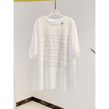 寬松中長款純棉短袖t恤女歐洲站2025年夏季女裝韓版蕾絲拼接T恤衫