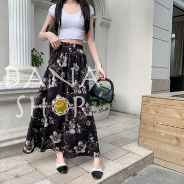 【隔日到】長裙 DANA 復古優雅藍印花度假風大擺A字裙鬆緊腰半身裙