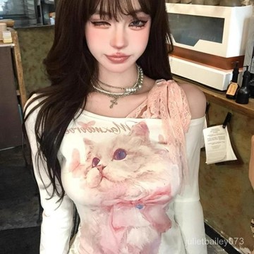 ♡ 𝑪𝒉𝒊𝒄 𝒖 ♡美式甜辣貓咪y2k一字領長袖T恤女春秋季露肩蕾絲拚接打底衫上衣潮