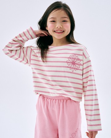 MARDI MERCREDI 童裝 橫條紋長袖 粉色 經典小雛菊 粉花 KIDS TSHIRT LONG SLEEVE STRIPE