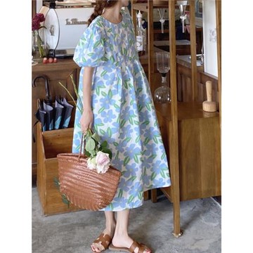 2024夏季短袖印花娃娃裙女寬松連衣裙薄款純棉孕婦連衣裙藍色大碼