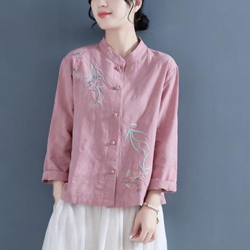 春秋國風復古刺繡盤扣亞麻棉麻襯衫女中式禪意茶服寬松上衣小外套