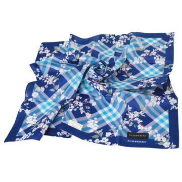 BURBERRY 經典斜格紋字母LOGO花卉圖騰棉質大帕領巾(寶藍色系/58CM)