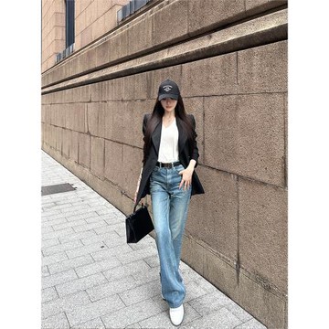 SX善喜高腰直筒牛仔褲女秋新款寬松顯瘦百搭休閑長褲氣質復古褲子