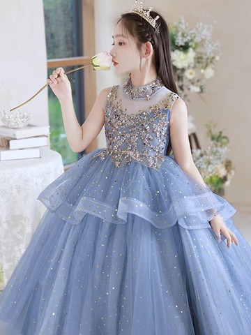 藍色女童禮服2024新款高端生日宴兒童公主裙主持人走秀鋼琴演出服