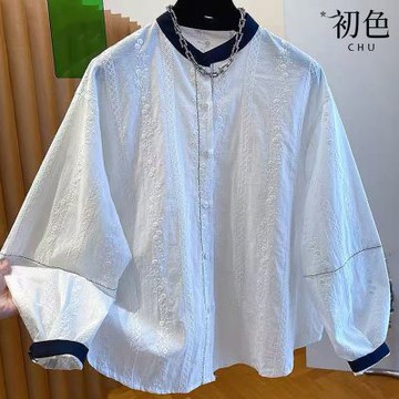 初色 棉麻風簡約撞色拼接繡花刺繡圓領泡泡袖寬鬆襯衫上衣女上衣-白色-15132(M-2XL可選)