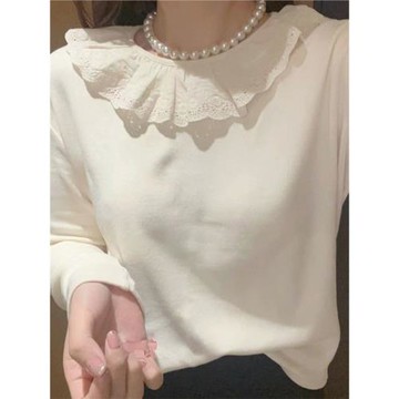 大碼韓國女裝2025秋季新款甜美蕾絲花邊領柔軟親膚純色打底T恤女