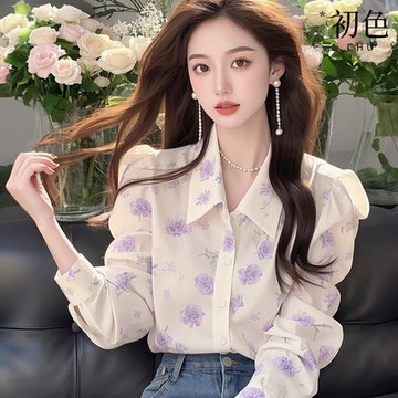 初色 韓系洋氣碎花印花單排扣襯衫領長袖內搭疊穿真絲襯衫上衣女上衣-花色-10383(M-2XL可選)