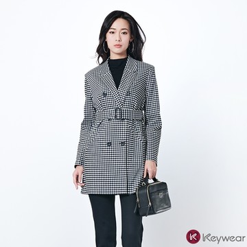 KeyWear奇威名品    經典格紋雙排釦設計款長版風衣-藍黑色