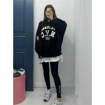 現貨韓國冬季加絨棉字母刺繡連帽衛衣褲假三件套裝學院風洋氣休閑