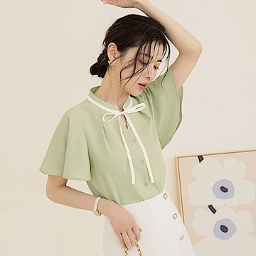 小V領撞色綁帶荷葉袖開襟上衣-OB大尺碼