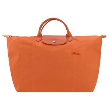 LONGCHAMP LE PLIAGE GREEN系列刺繡短把再生尼龍摺疊旅行袋(大/胡蘿蔔橘)