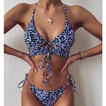 歐美風性感掛脖豹紋印花抽繩系帶聚攏沙灘三點式比基尼女分體泳衣