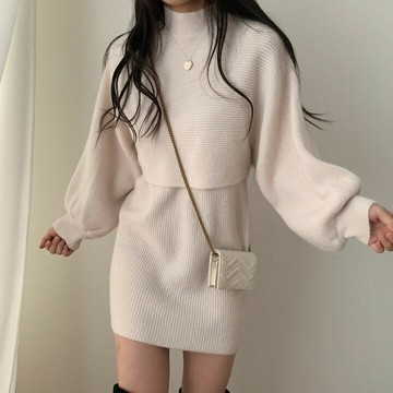 韓版氣質復古百搭顯瘦針織連衣裙 套裝【S158】