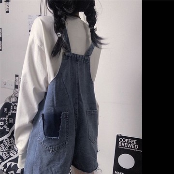 牛仔背帶褲女夏季新款潮寬松設計感破洞褲子小個子闊腿褲