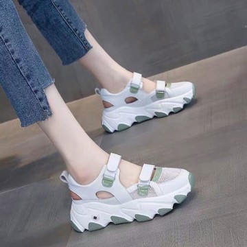 運動涼鞋女網面透氣魔術貼包頭鏤空百搭厚底軟底增高羅馬老爹涼鞋