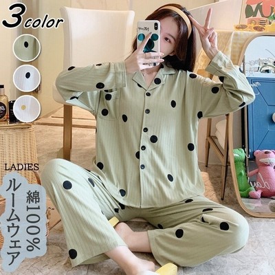 ヴィジョン ストリートウェア パジャマ レディース 春夏秋 長袖パジャマ 前開き ロングズボン 綿100 ルームウェア上下 ドット柄 シャツパジャマ 部屋着 寝巻き 通販 Lineポイント最大get Lineショッピング