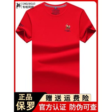 正品保羅時尚男士短袖T恤歐美圓領夏季白色休閑大碼打底刺繡上衣