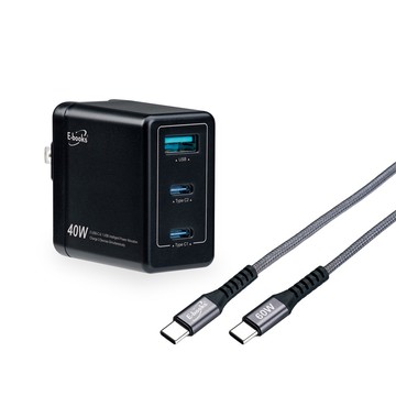 【台灣製造】B74 40W PD+QC3.0 高效能三孔快速充電器+60W C to C鋁製線