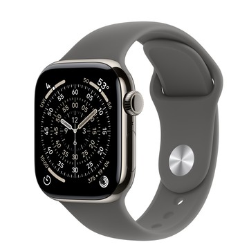 Apple Watch Series 11 (GPS + 行動網路)；42 公釐原色鈦金屬錶殼；灰石色運動型錶帶 - S/M