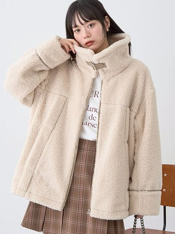 蓬鬆羊羔毛立領拉鍊大衣外套(01000610802) - earth music&ecology