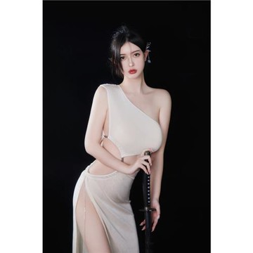 御姐性感氣質斜單肩鏤空露腰高開叉連衣裙純欲高級感女裝長裙寫真