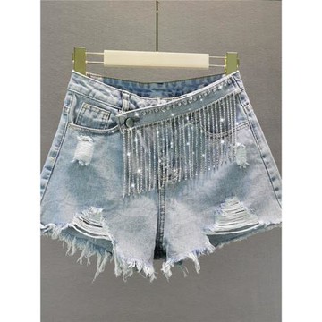 牛仔短褲女2024夏裝新款歐洲站寬松顯瘦破洞水鉆流蘇a字闊腿熱褲