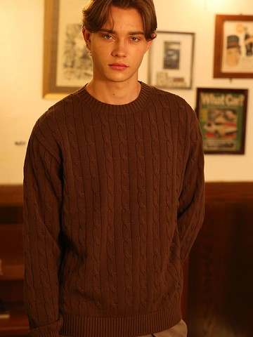 Cable Crewneck Sweater [Brown]