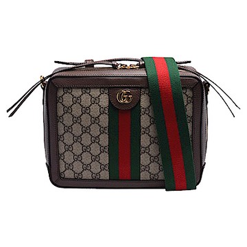 GUCCI 古馳 經典GG Supreme帆布印花綠紅綠織帶皮革飾邊拉鍊手提/斜背包(小)