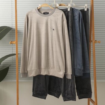 外貿男超柔寶寶絨薄絨圓領長袖長褲帶口袋家居服睡衣套裝秋冬保暖