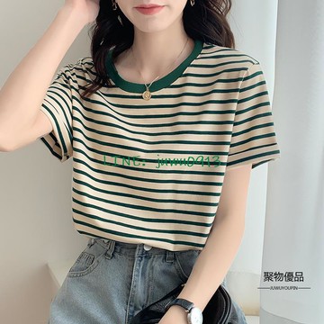 條紋t恤女短袖寬版顯瘦打底女T恤時尚休閑女裝女士服飾【聚物優品】