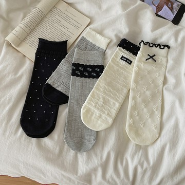 柳惠珠襪子 字母布標襪子女甜美蝴蝶結碎花飾品襪日系波點立體浮雕堆堆襪無骨